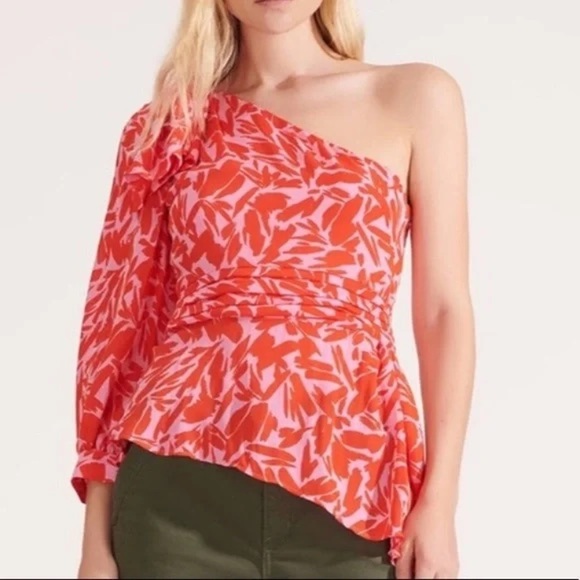 Veronica Beard Vida Poppy Top multi size 0 One-Shoulder Red Patterned Top - Picture 1 of 7